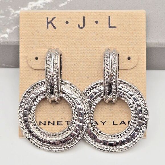 Kenneth Jay Lane Textured Silver Tone Circle Drop Post Earrings Door Knockers - Picture 1 of 4